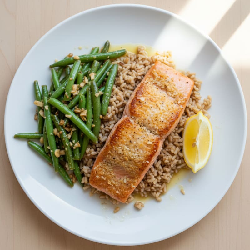 Seared Salmon Filet with Garlic Green Beans and Brown Rice