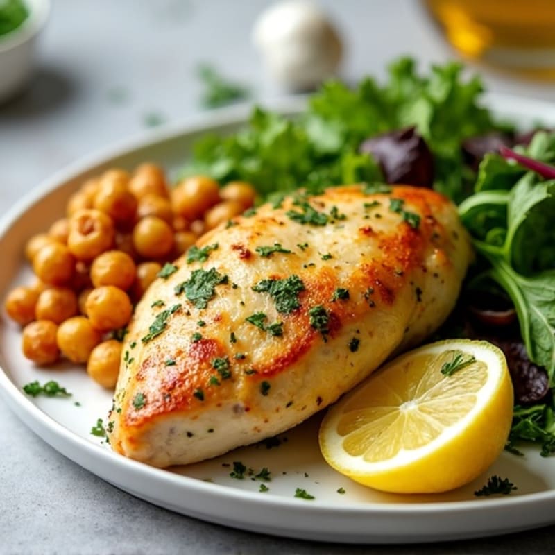 Lemon Herb Roasted Chicken with Fresh Greens and Crispy Chickpeas