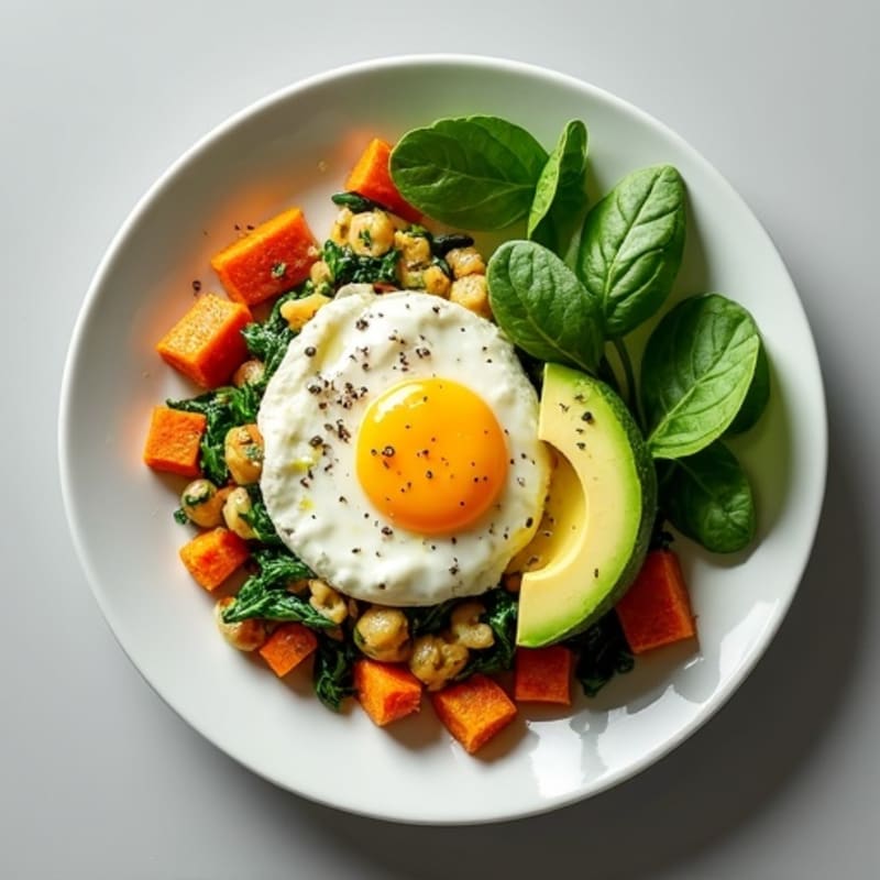 Turkey Egg White Scramble with Spinach and Roasted Sweet Potatoes