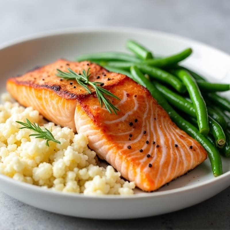 Seared Salmon Fillet with Steamed Green Beans and Cauliflower Rice