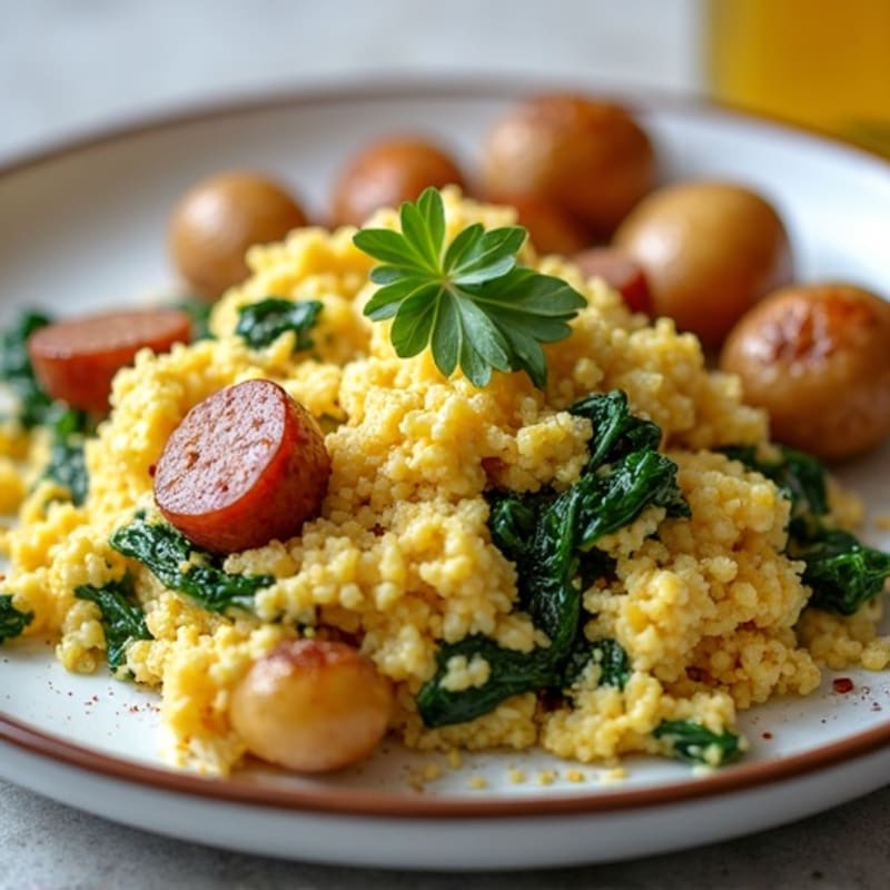 Egg White Spinach Scramble with Turkey Sausage and Roasted Potatoes