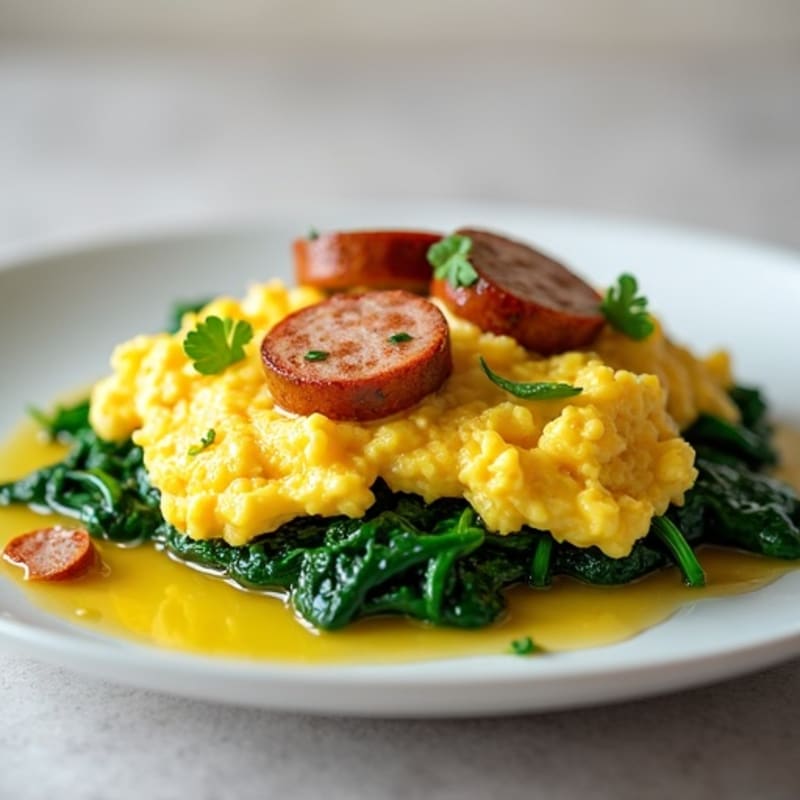Scrambled Egg Whites with Turkey Sausage and Sautéed Spinach