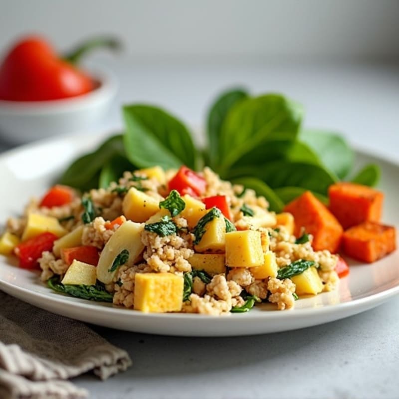 Egg White and Turkey Spinach Scramble with Roasted Sweet Potato