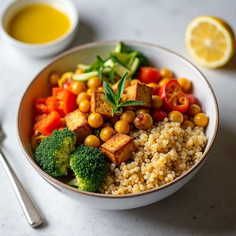 Crispy Chickpea and Roasted Vegetable Quinoa Bowl with Lemon Dressing