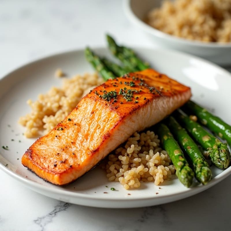 Seared Salmon with Steamed Asparagus and Brown Rice