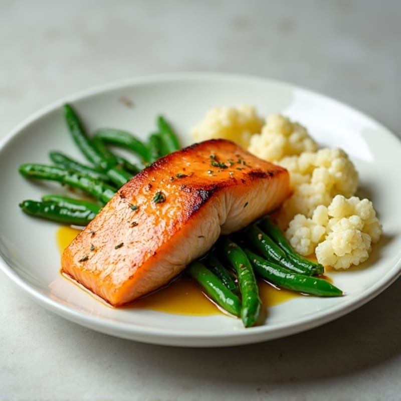 Seared Salmon with Steamed Green Beans and Garlic Mashed Cauliflower