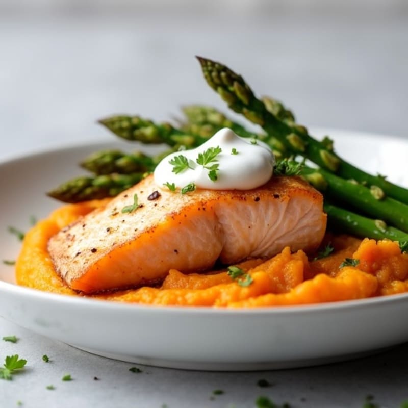 Seared Salmon with Roasted Asparagus and Sweet Potato Mash