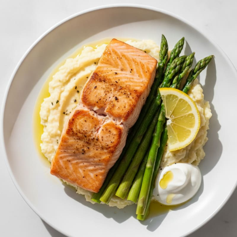 Seared Salmon with Steamed Asparagus and Cauliflower Mash