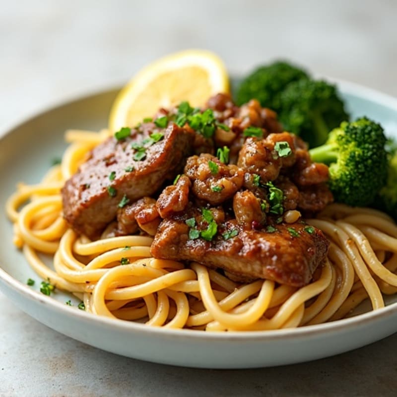 Lemon Garlic Diced Steak with Whole Wheat Linguine and Roasted Broccoli