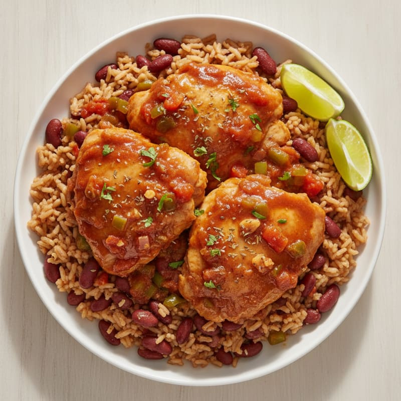 Dominican-Style Braised Chicken with Rice and Beans