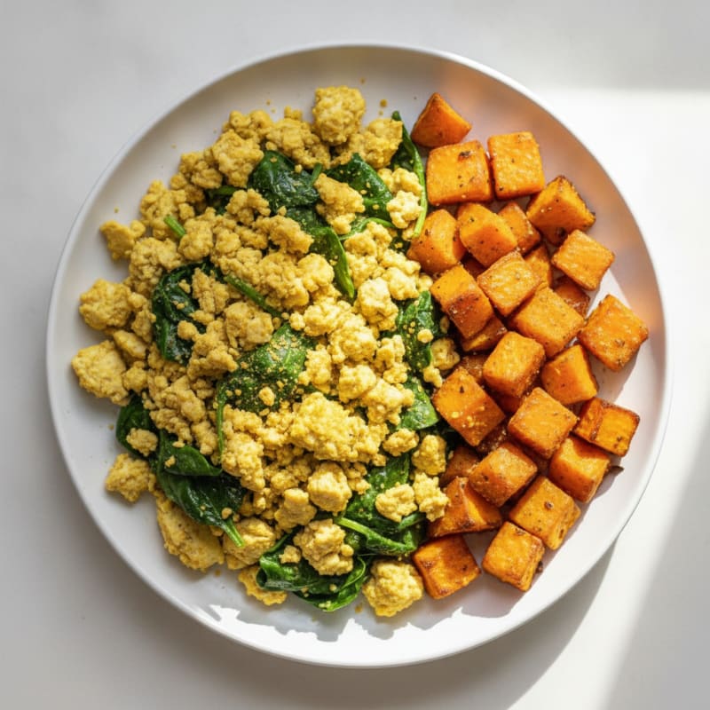 Silky Tofu Scramble with Spinach and Roasted Sweet Potatoes