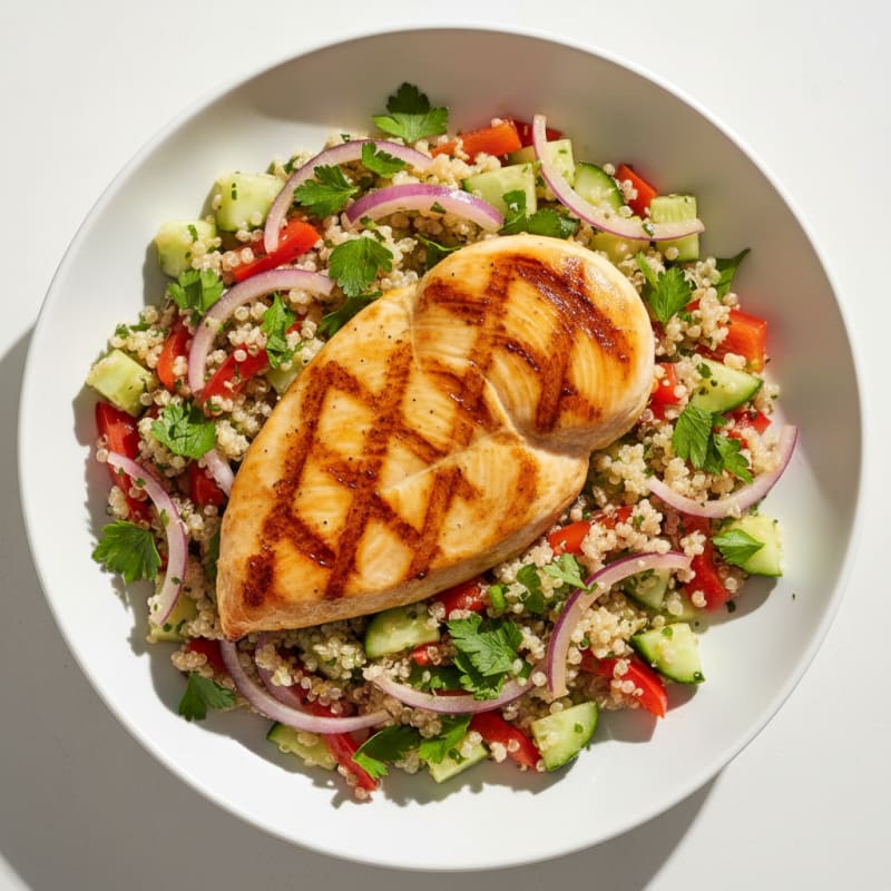 Grilled Chicken Breast with Quinoa and Crunchy Vegetable Salad