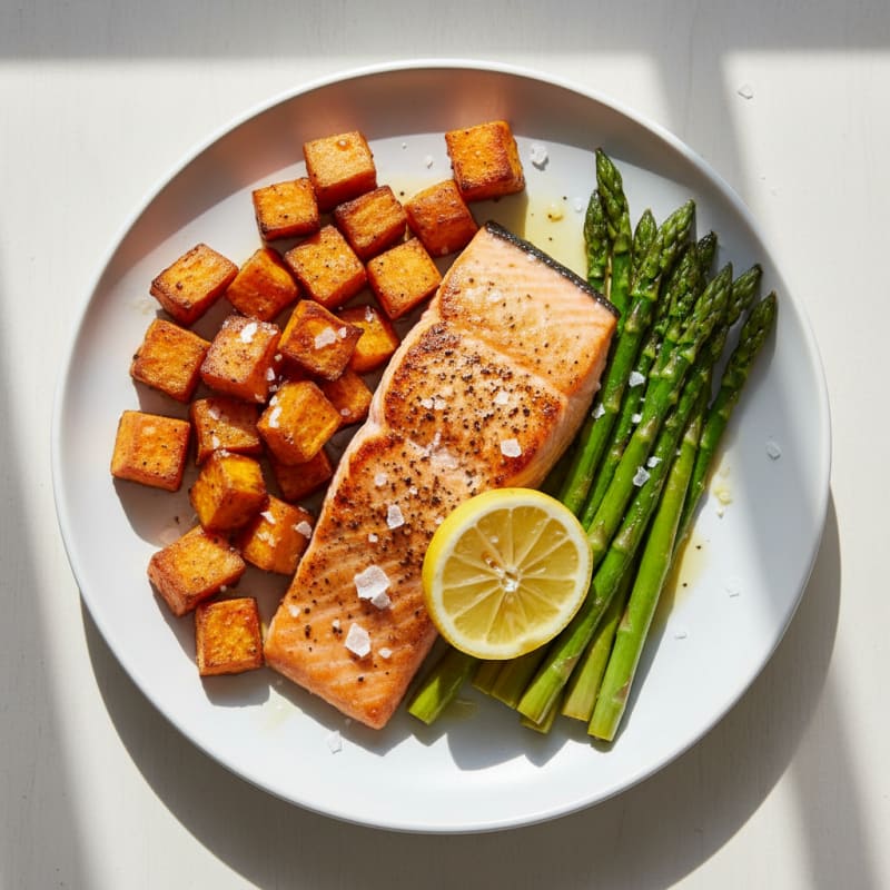 Seared Salmon with Roasted Sweet Potatoes and Asparagus