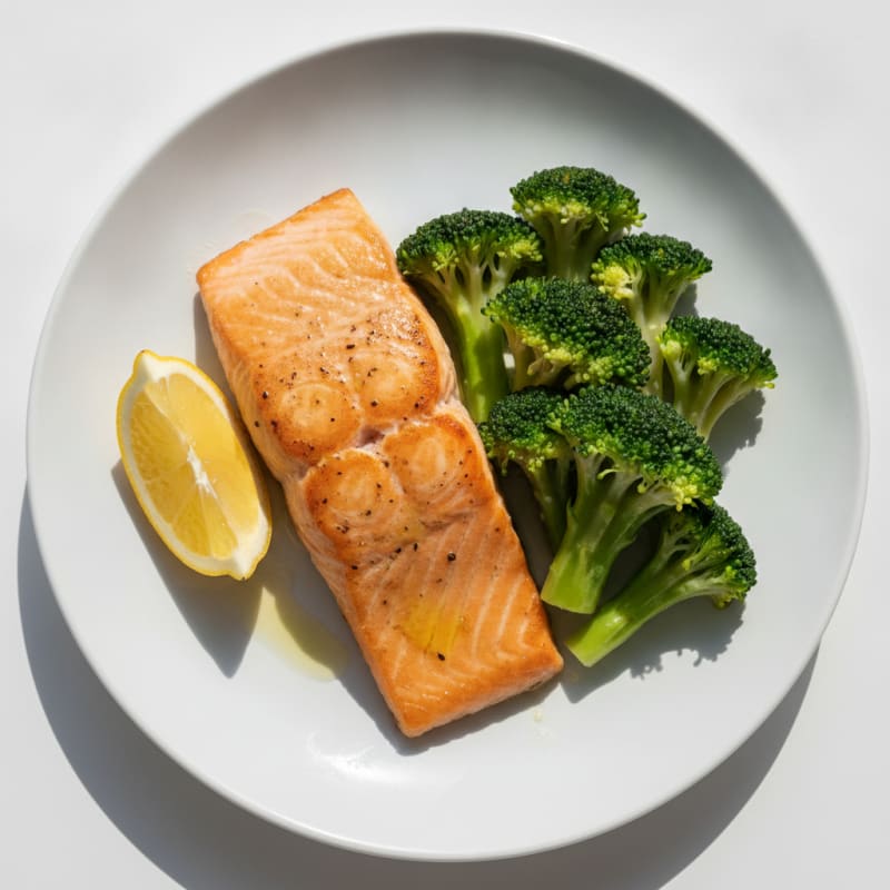 Seared Salmon Fillet with Steamed Broccoli and Lemon