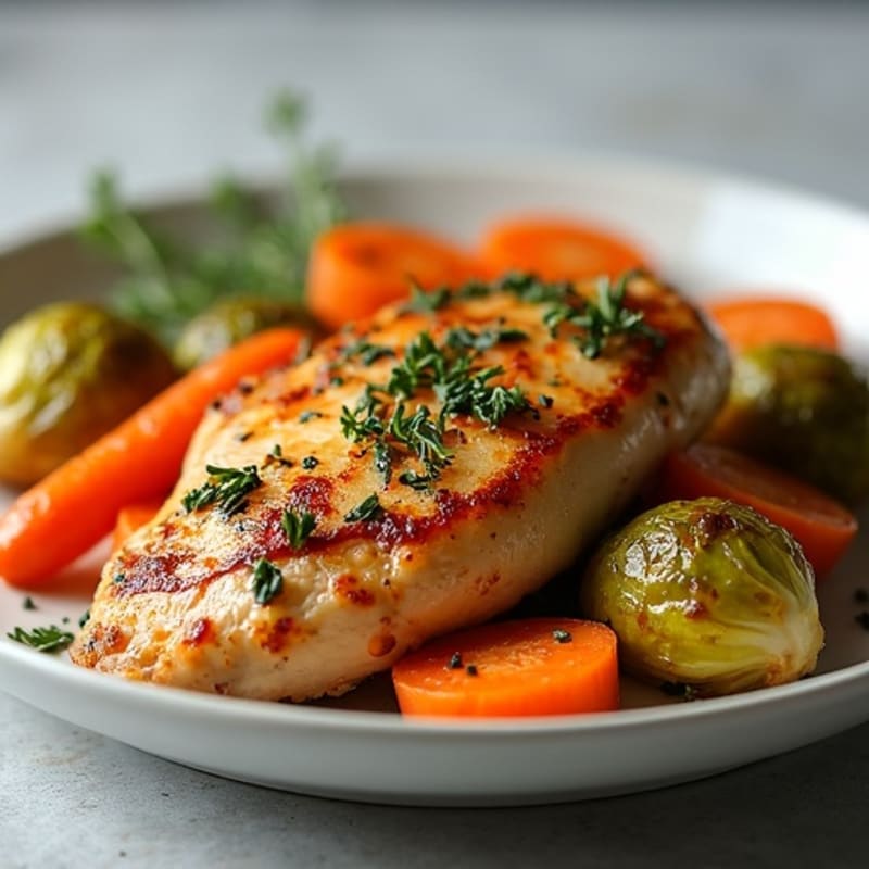 Herb-Roasted Chicken with Sweet Maple Glazed Carrots and Crispy Brussels Sprouts
