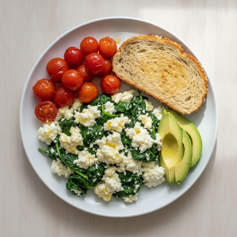 Egg White and Spinach Scramble with Cottage Cheese and Cherry Tomatoes