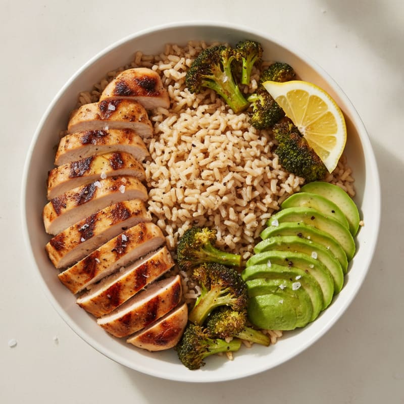 Grilled Chicken and Brown Rice Bowl with Roasted Broccoli