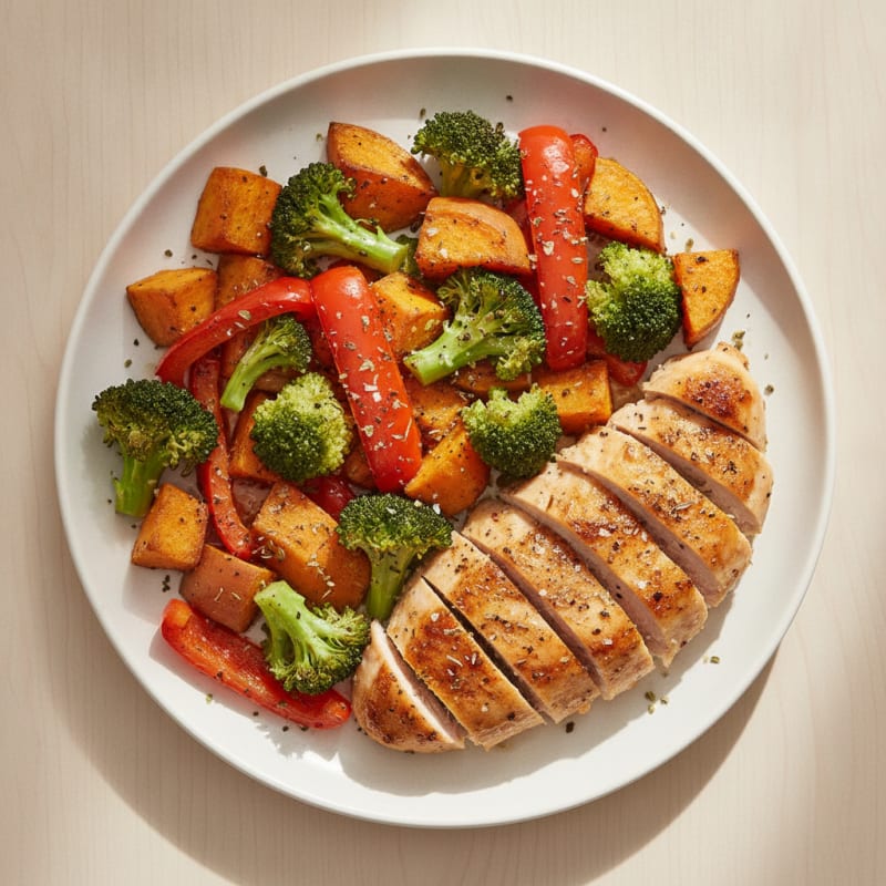 Herb-Roasted Chicken with Sweet Potato and Rainbow Veggies