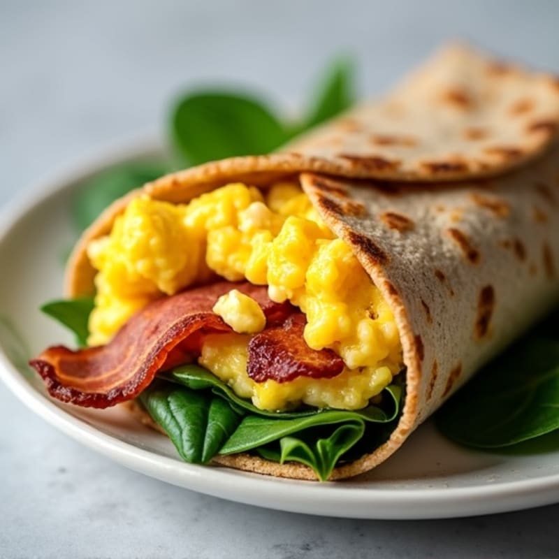 Crispy Turkey Bacon, Scrambled Egg, and Fresh Spinach Breakfast Burrito