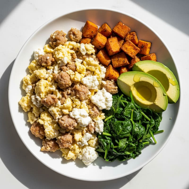 Egg White and Turkey Sausage Scramble with Cottage Cheese and Sautéed Spinach