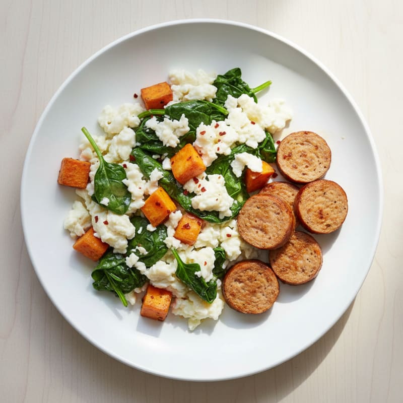 Egg White Scramble with Turkey Sausage and Sautéed Spinach