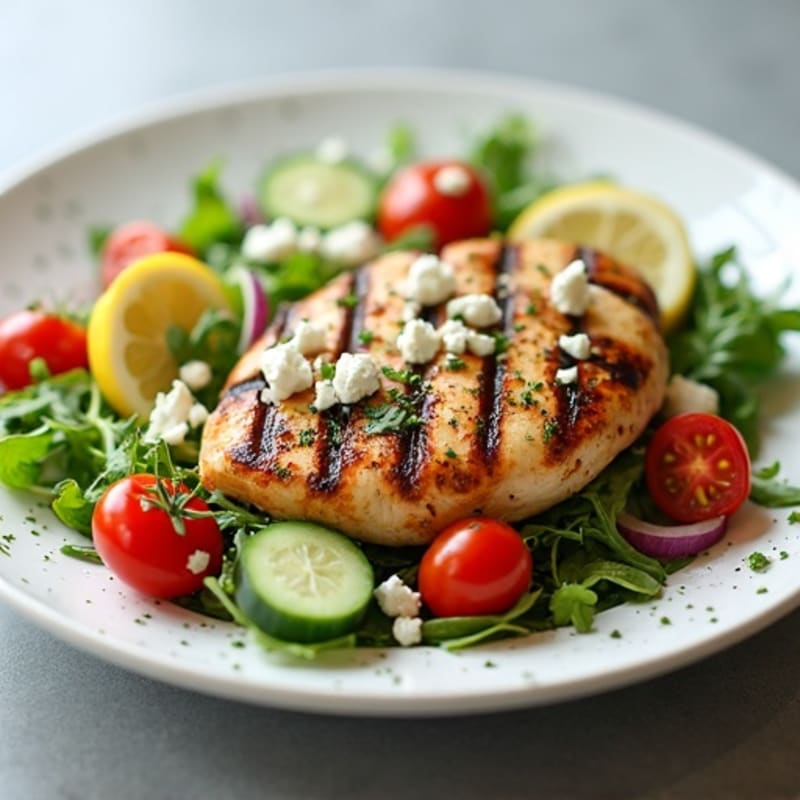 Lemon-Herb Grilled Chicken Salad with Fresh Vegetables and Creamy Feta