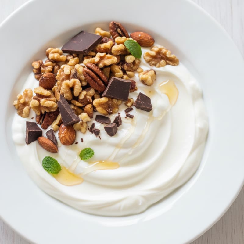 Greek Yogurt Protein Parfait with Mixed Nuts and Dark Chocolate