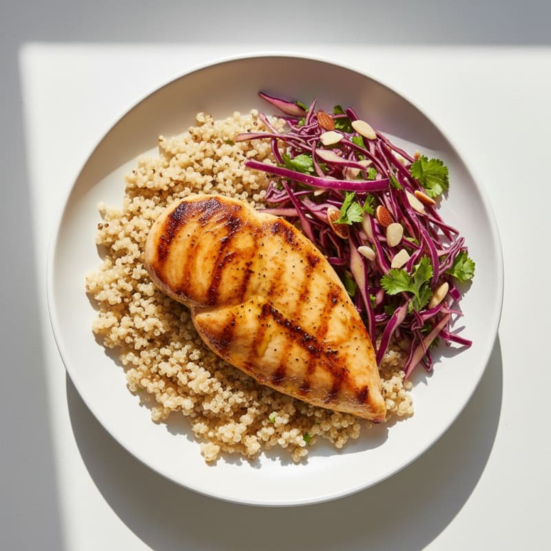 Grilled Chicken Breast with Crunchy Cabbage Slaw and Quinoa