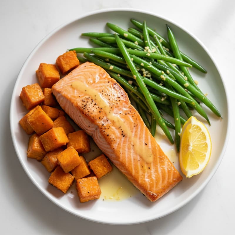 Seared Salmon Fillet with Roasted Sweet Potatoes and Garlic Green Beans