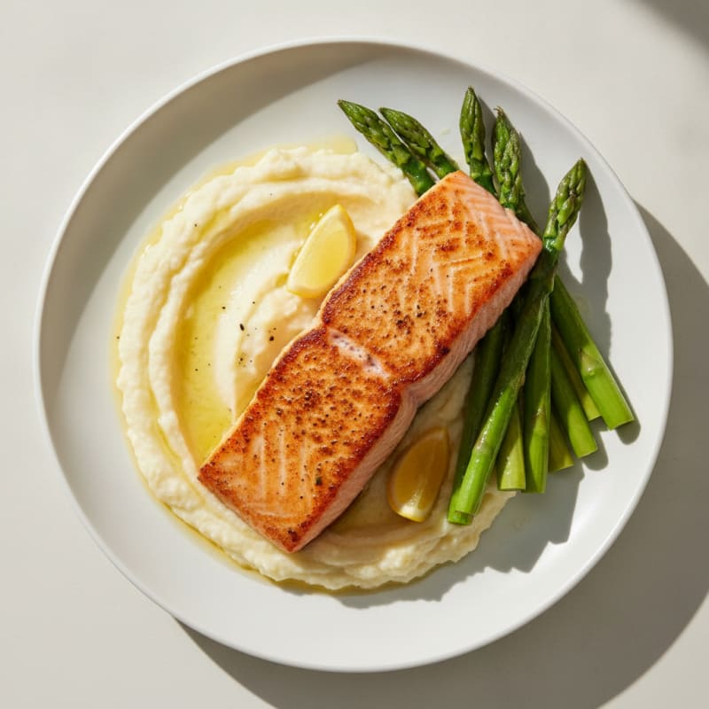 Seared Salmon with Steamed Asparagus and Cauliflower Mash