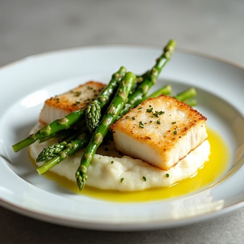 Seared Cod with Steamed Asparagus and Cauliflower Mash