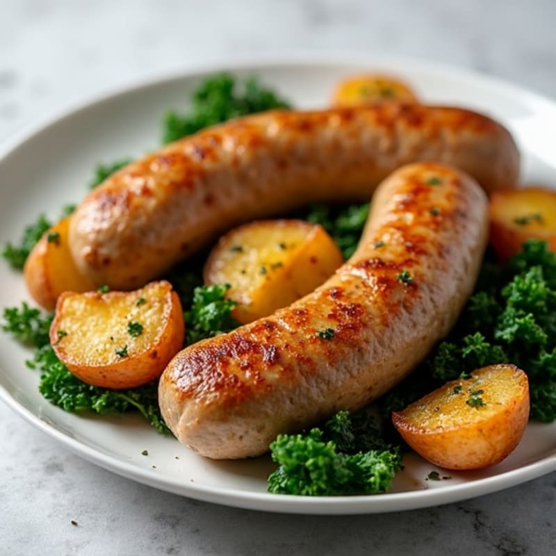 Lean Herbed Chicken Sausage with Crispy Roasted Potatoes and Sautéed Kale