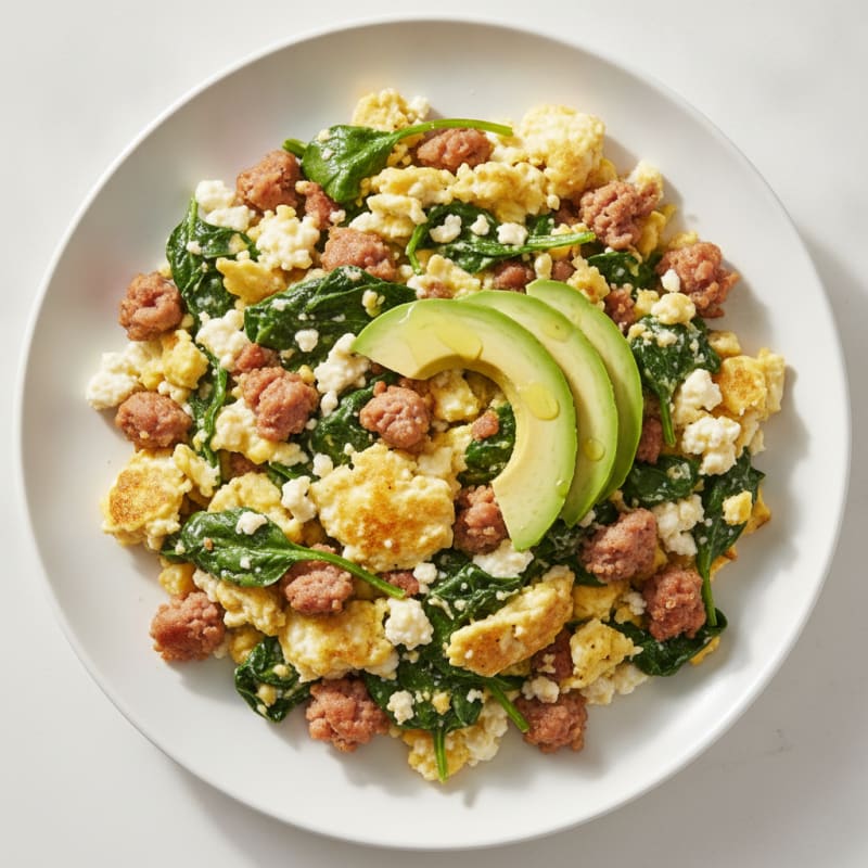Cottage Cheese Scramble with Turkey Sausage and Spinach