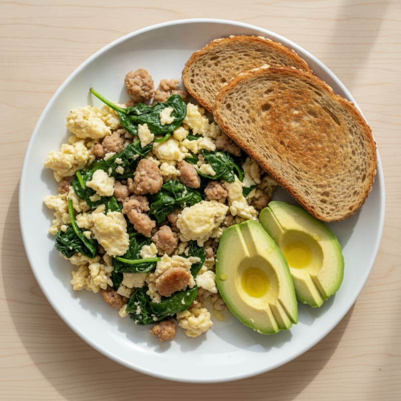Egg White and Turkey Sausage Scramble with Sautéed Spinach