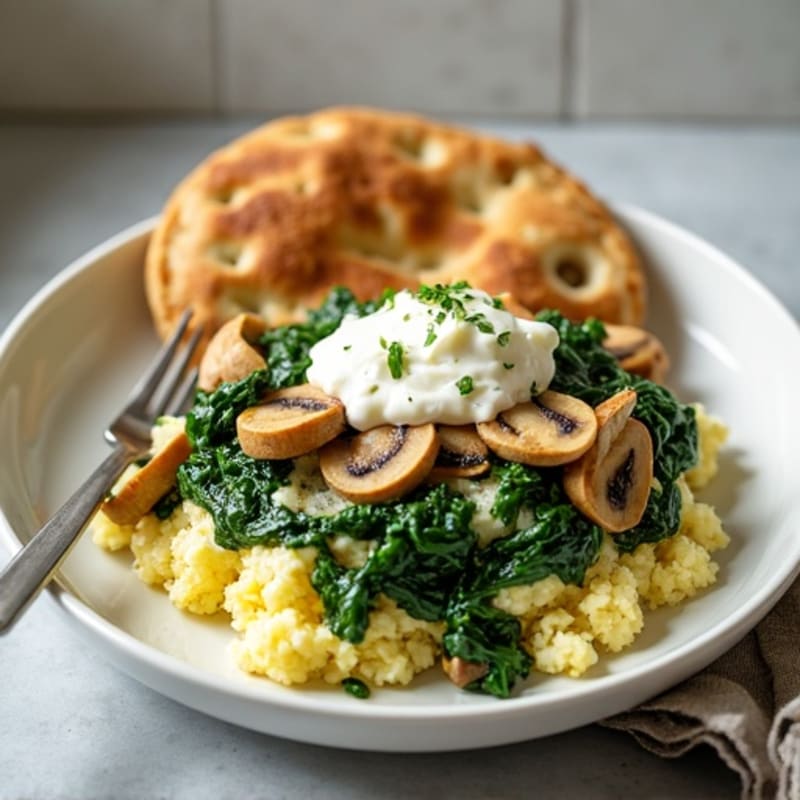 Egg White and Spinach Scramble with Cottage Cheese, Sautéed Mushrooms & Whole Wheat Pita