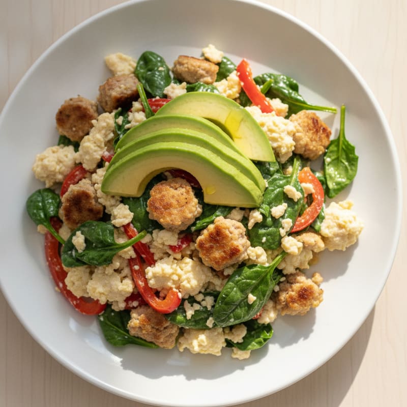 Egg White Scramble with Turkey Sausage and Sautéed Spinach
