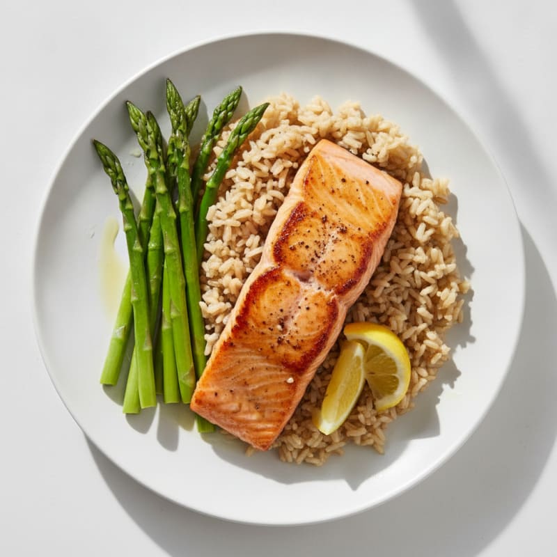 Seared Salmon with Steamed Asparagus and Brown Rice