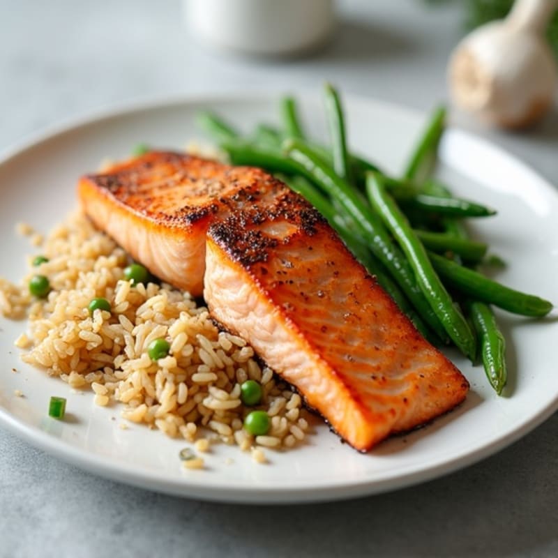 Seared Salmon with Garlic Green Beans and Brown Rice