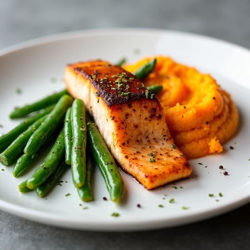 Seared Salmon with Garlic Green Beans and Sweet Potato Mash