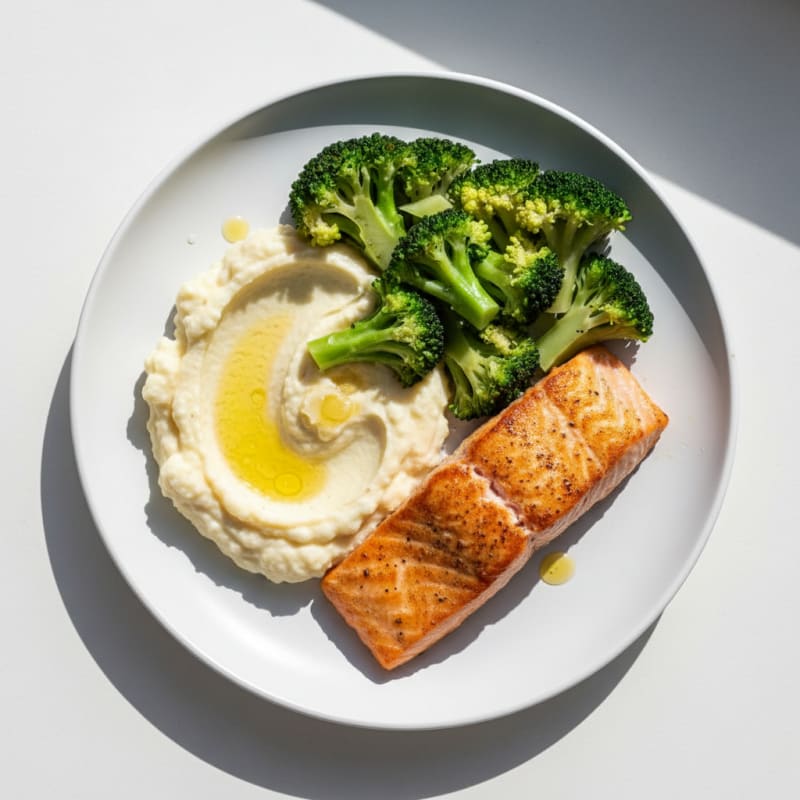 Seared Salmon with Steamed Broccoli and Garlic Mashed Cauliflower