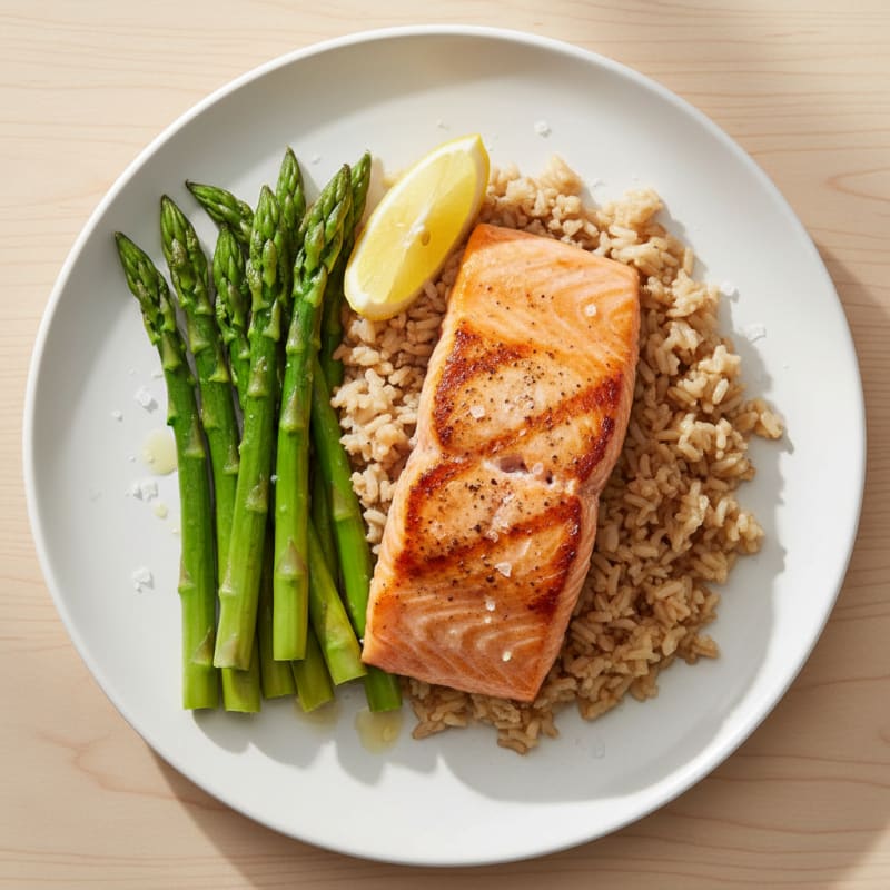 Seared Salmon Fillet with Steamed Asparagus and Brown Rice