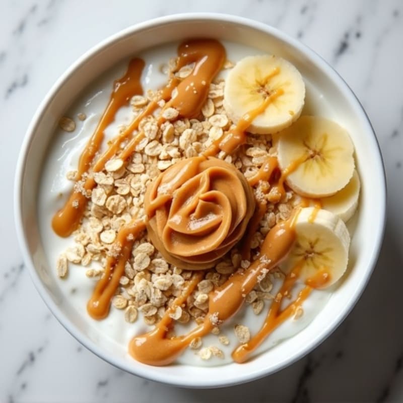 Greek Yoghurt Oatmeal Bowl with Sliced Bananas and Peanut Butter