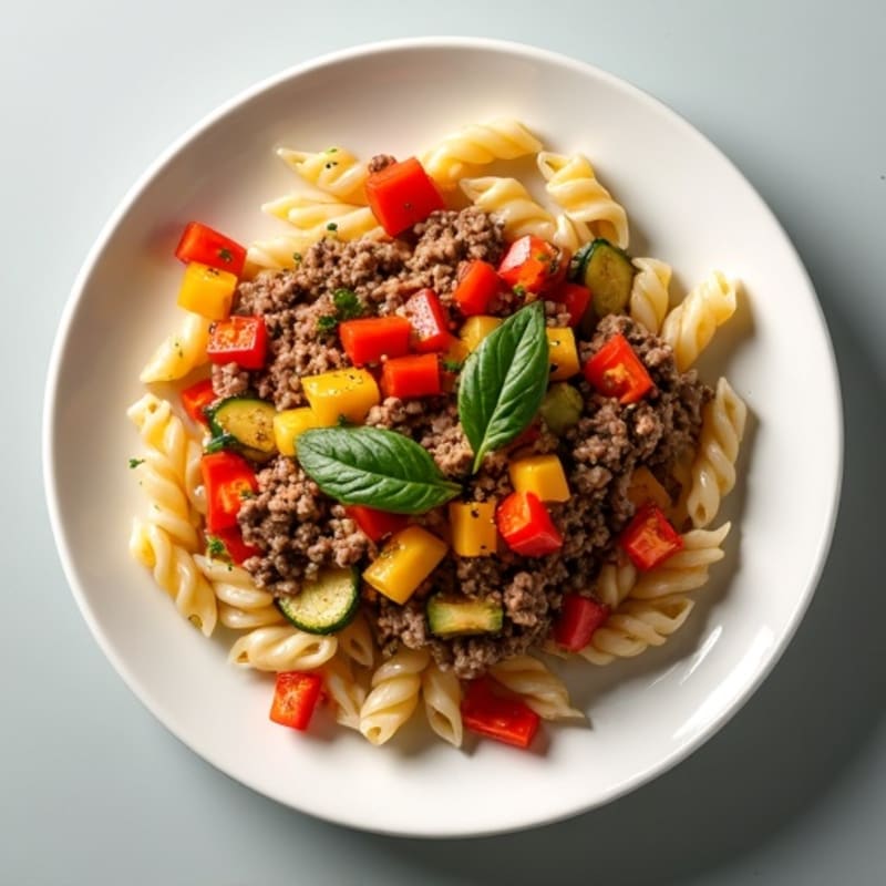 Lean Ground Beef and Whole Wheat Pasta with Roasted Vegetables