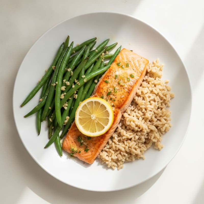 Seared Salmon Fillet with Garlic Green Beans and Brown Rice