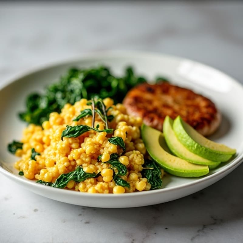 Egg White and Turkey Sausage Scramble with Sautéed Spinach
