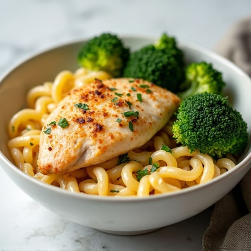 Creamy Cashew Pasta with Pan-Seared Chicken and Roasted Broccoli
