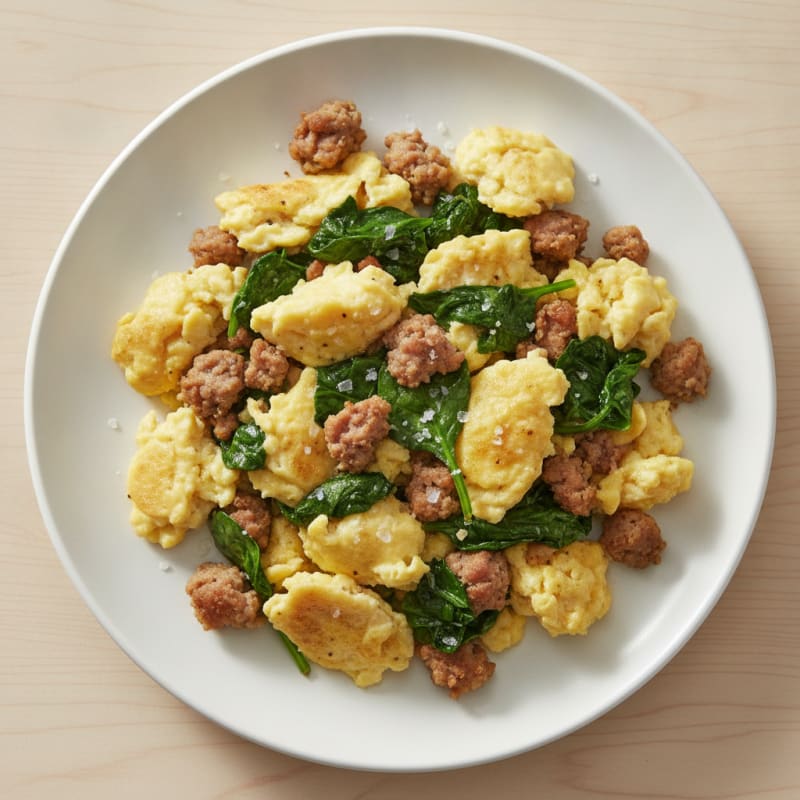 Scrambled Eggs with Turkey Sausage and Sautéed Spinach