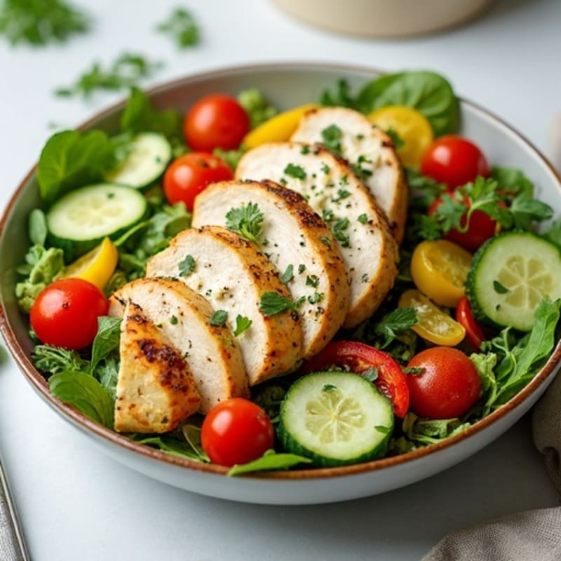 Lemon Herb Chicken Salad with Roasted Vegetables and Creamy Feta