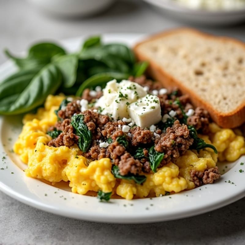Fluffy Scrambled Eggs with Ground Beef and Spinach