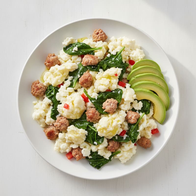 Egg White Scramble with Turkey Sausage and Sautéed Spinach